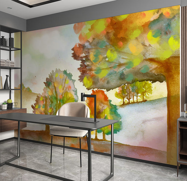 Premium Peel & Stick Wall Mural - Autumn Watercolor Landscape