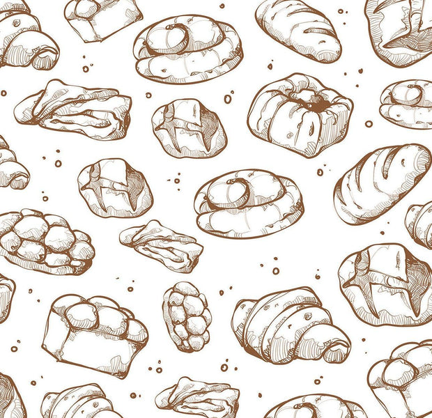 A variety of hand-drawn bread illustrations forming a pattern on a wall mural.
