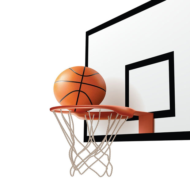 A basketball resting on a hoop against a wall with mural painting of a basketball court outline.