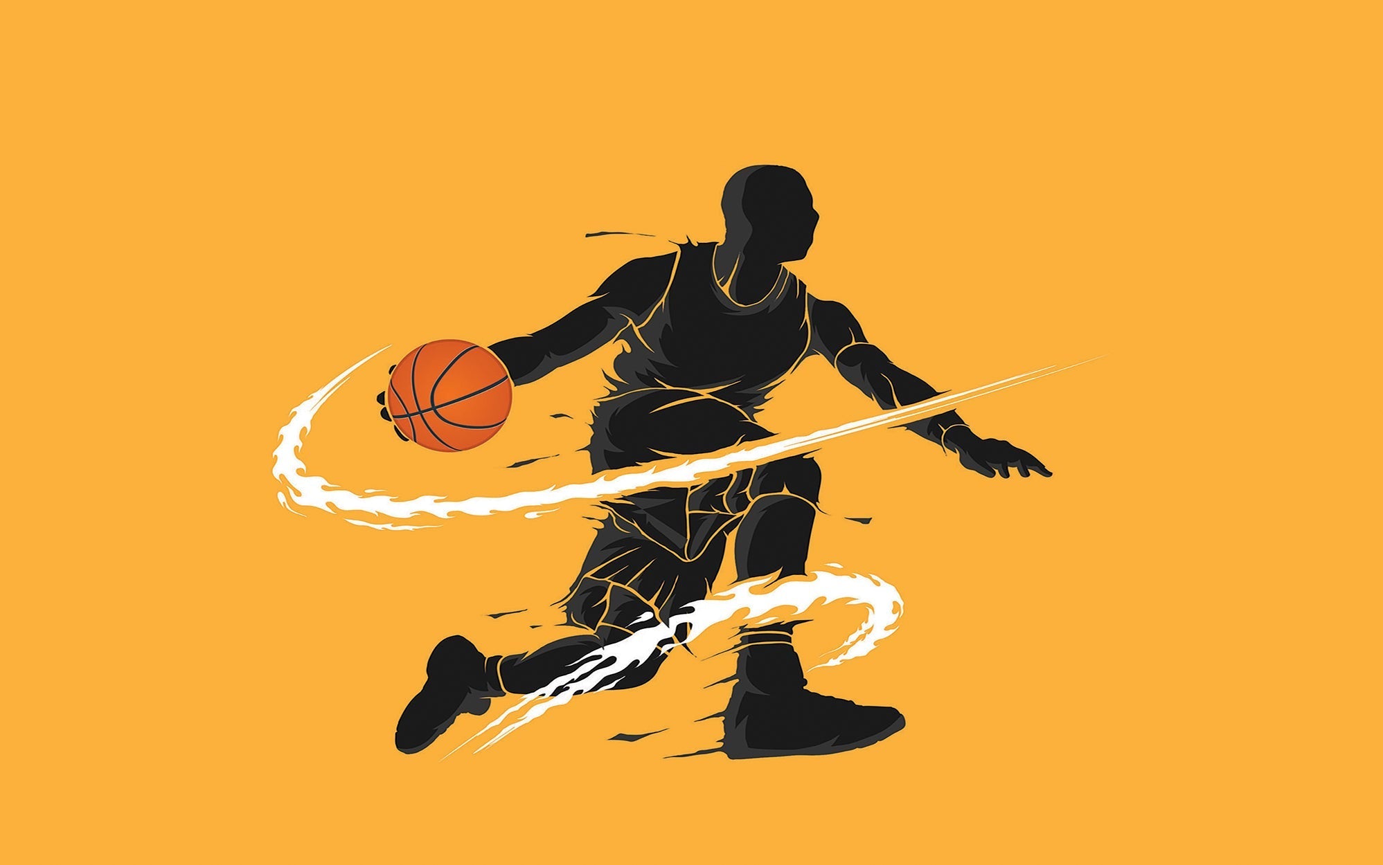 Silhouette of a basketball player dribbling on an orange background wall mural