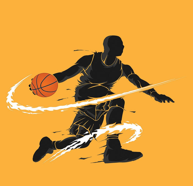 Silhouette of a basketball player dribbling on an orange background wall mural