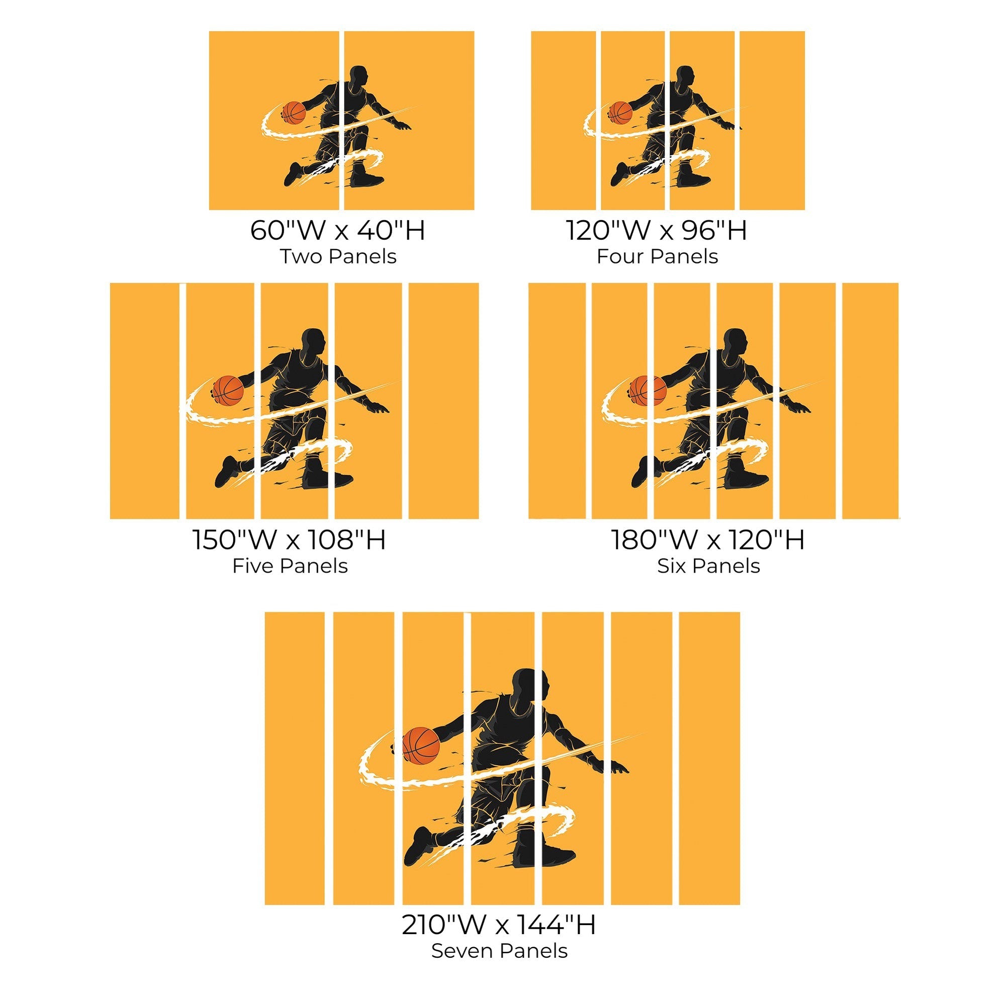 A size chart showing various wall mural options featuring a basketball player silhouette with different panel counts.