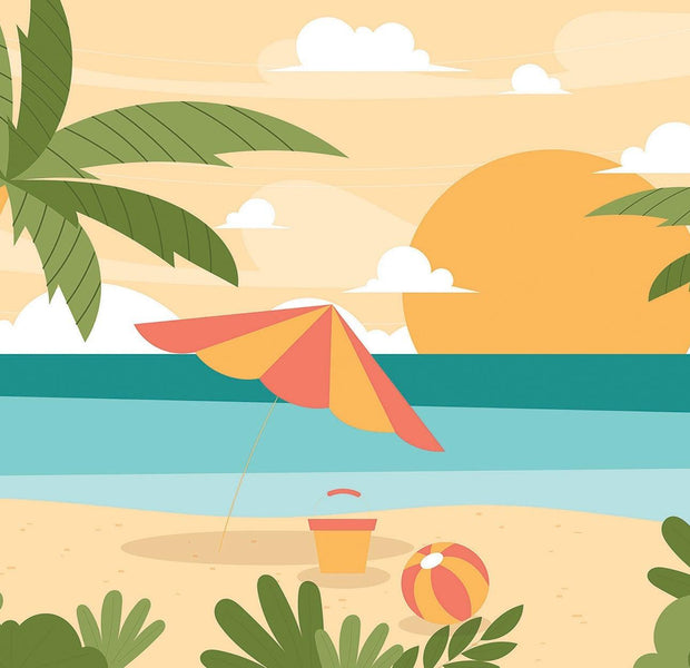 Interior wall featuring a beach-themed mural with palm trees, sunset, ocean, umbrella, and a beach ball