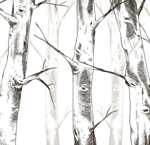 Black and white sketch of tree trunks on a wall mural creating a forest-like appearance in an interior setting