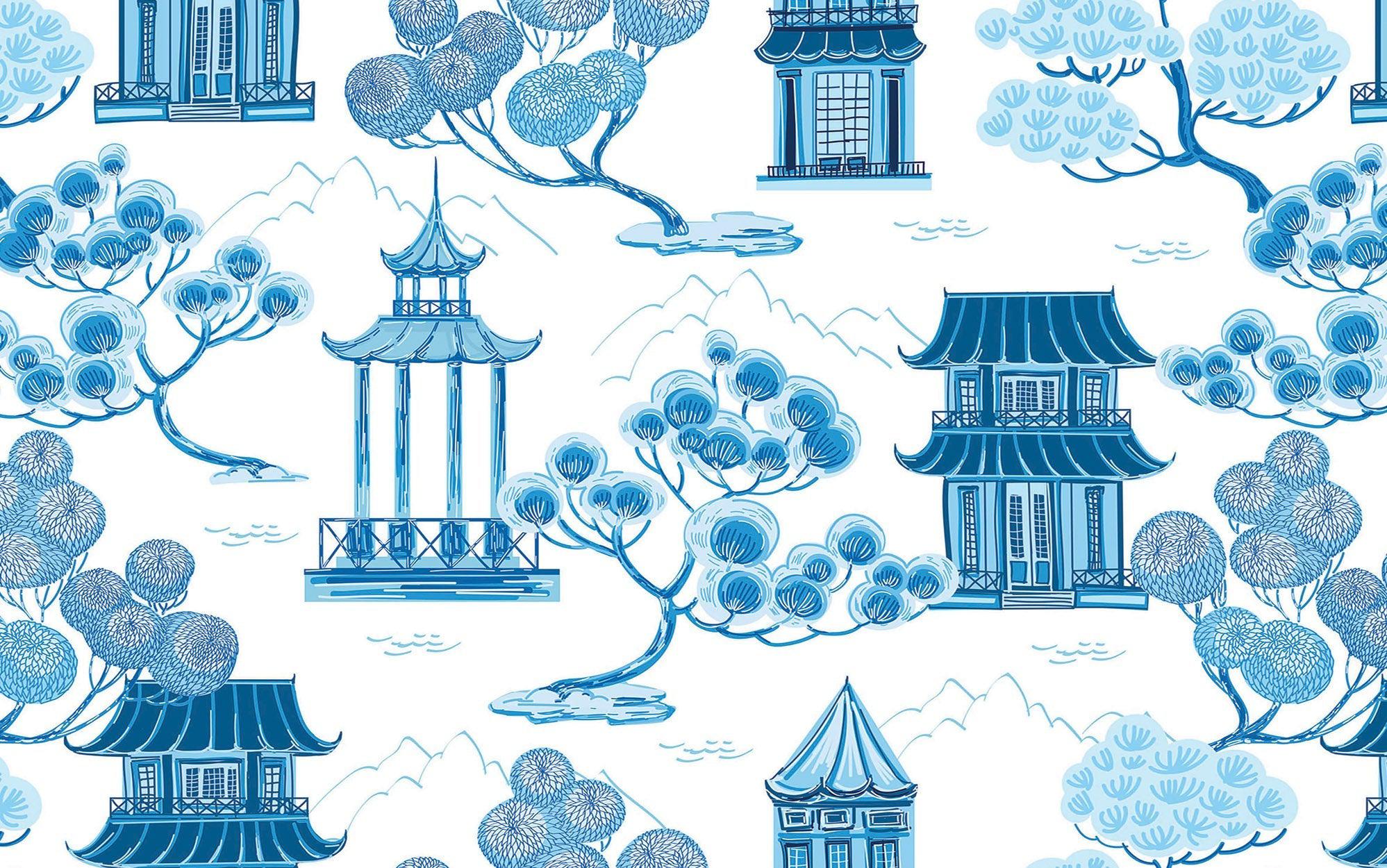 A blue and white Asian-inspired wall mural depicting trees, pagodas, and traditional buildings