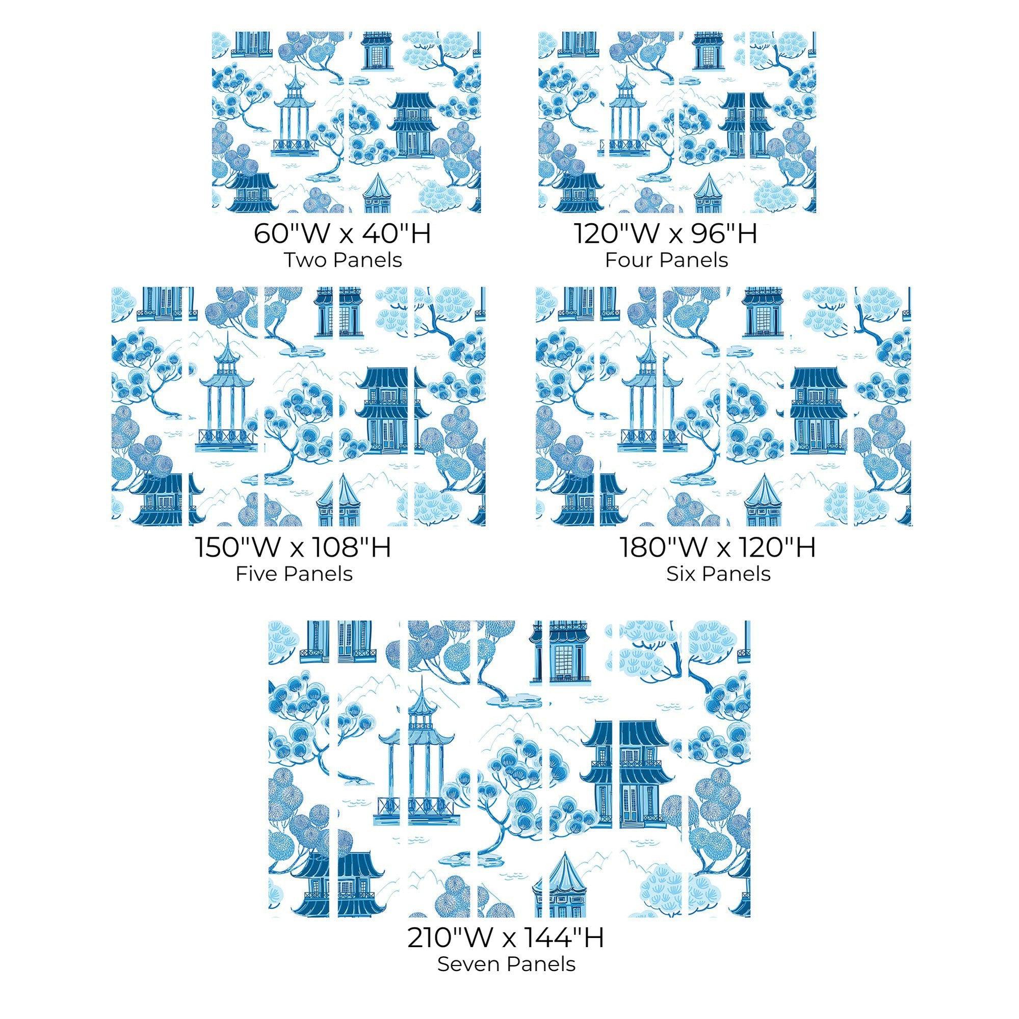 A collection of blue and white chinoiserie wall murals showing traditional scenes, available in two, four, five, six, and seven panels with respective sizes in inches.