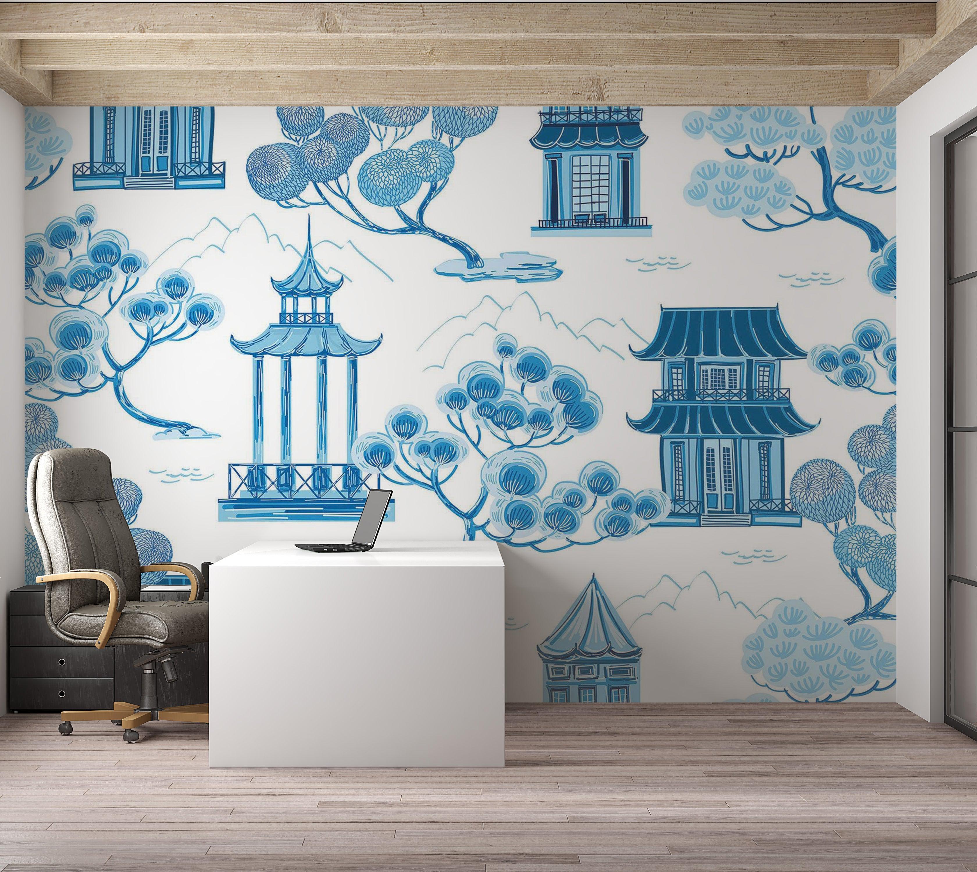 Premium Wallpaper Wall Mural - Blue Asian Landscape 60"Wx40"H / Non-Woven Fleece