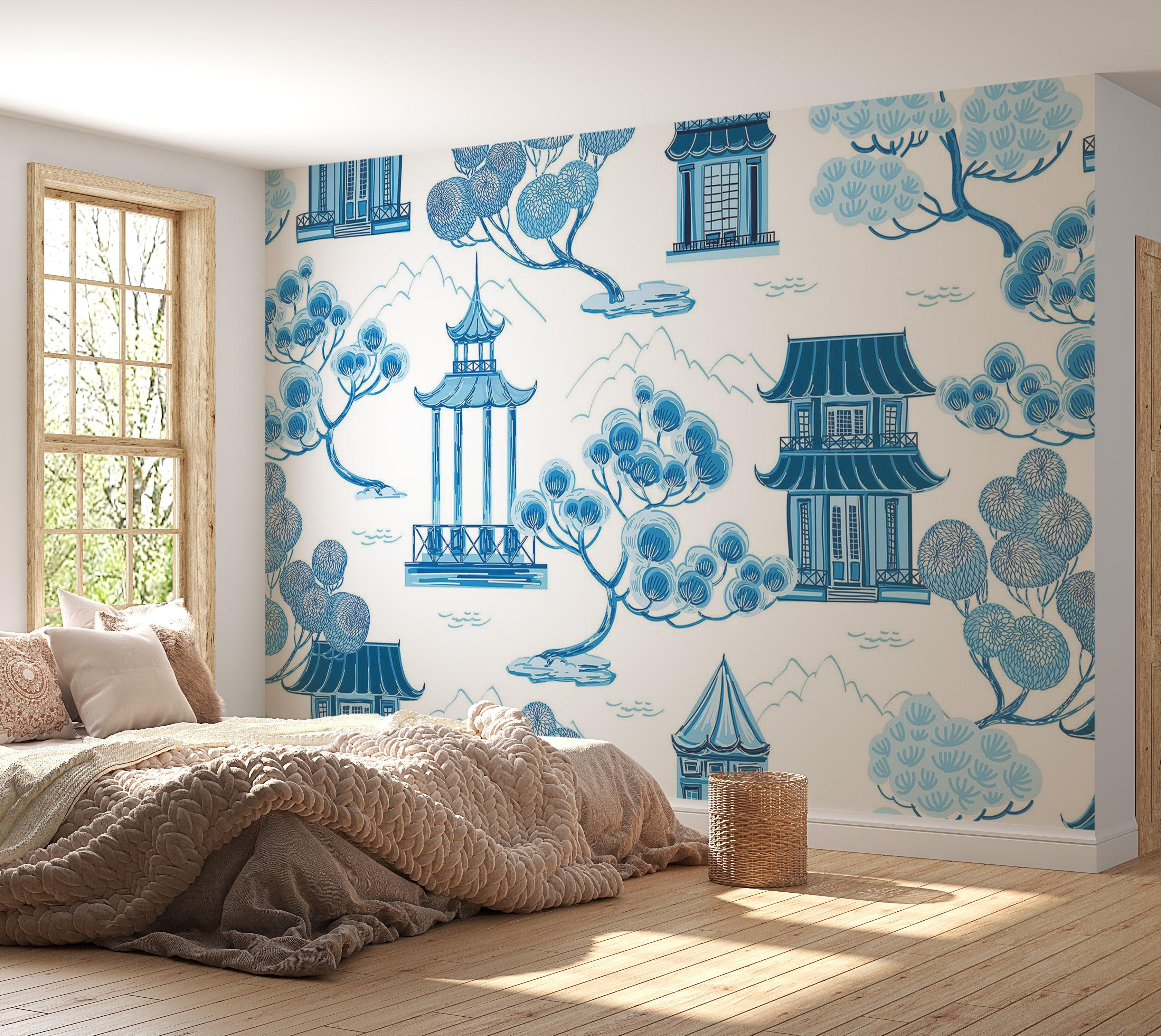 Premium Wallpaper Wall Mural - Blue Asian Landscape 60"Wx40"H / Non-Woven Fleece