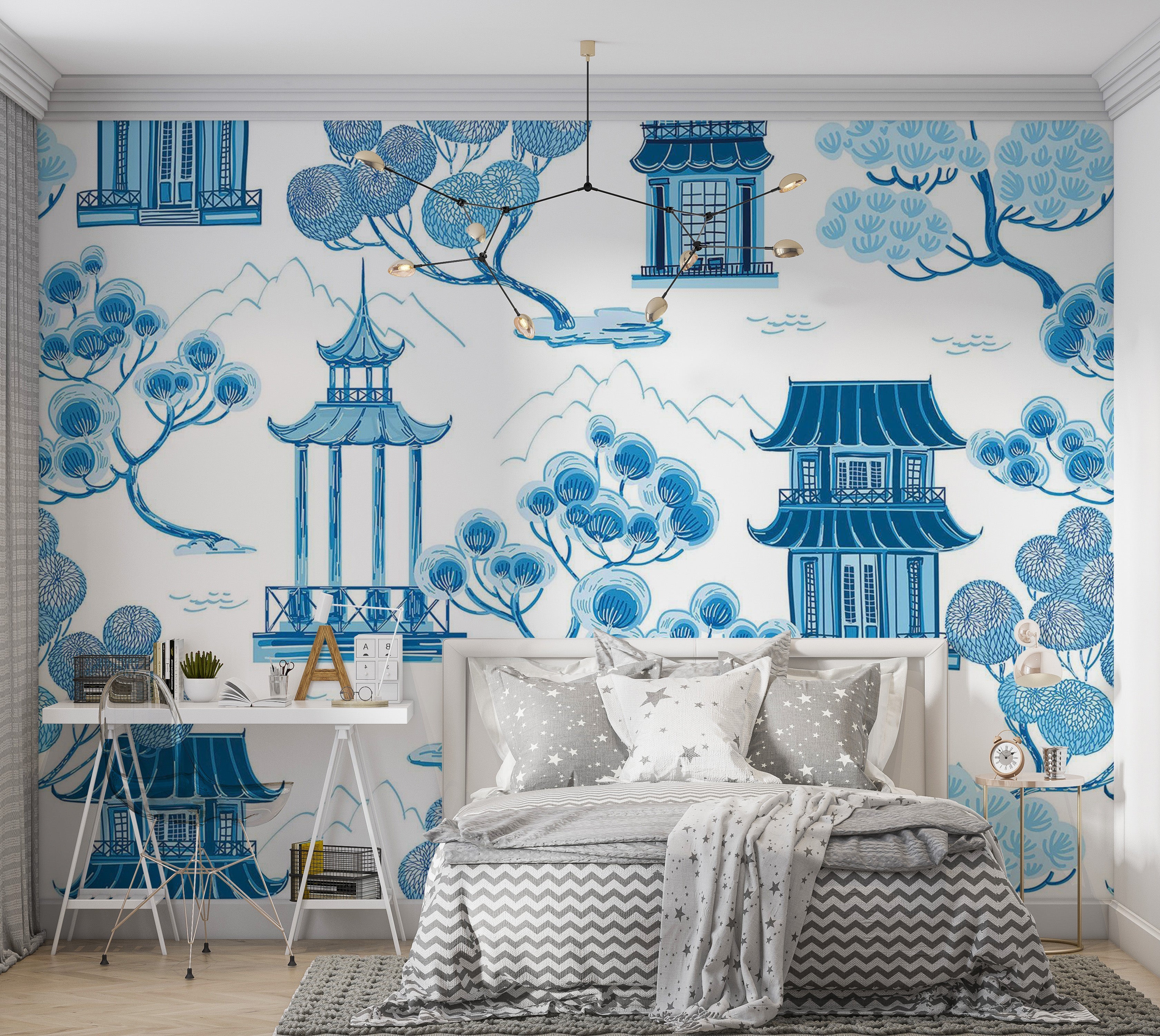 Premium Wallpaper Wall Mural - Blue Asian Landscape 60"Wx40"H / Non-Woven Fleece