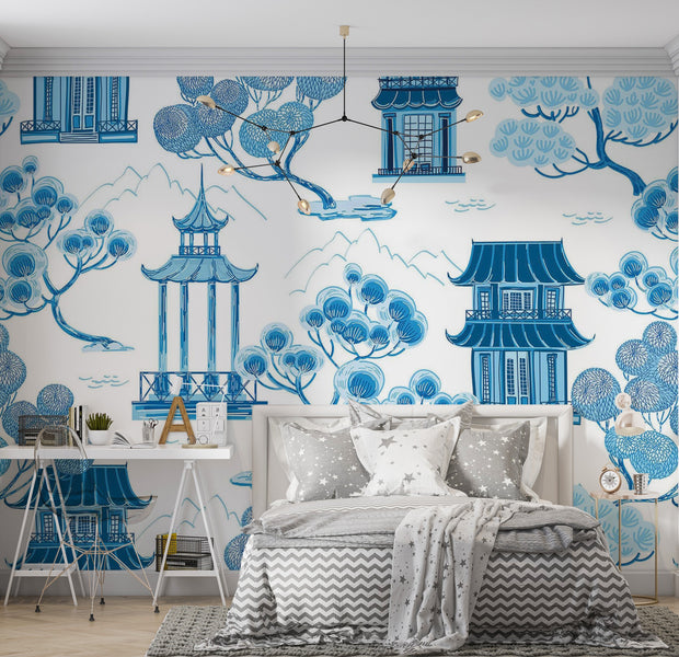 Premium Peel & Stick Wall Mural - Blue Asian Landscape