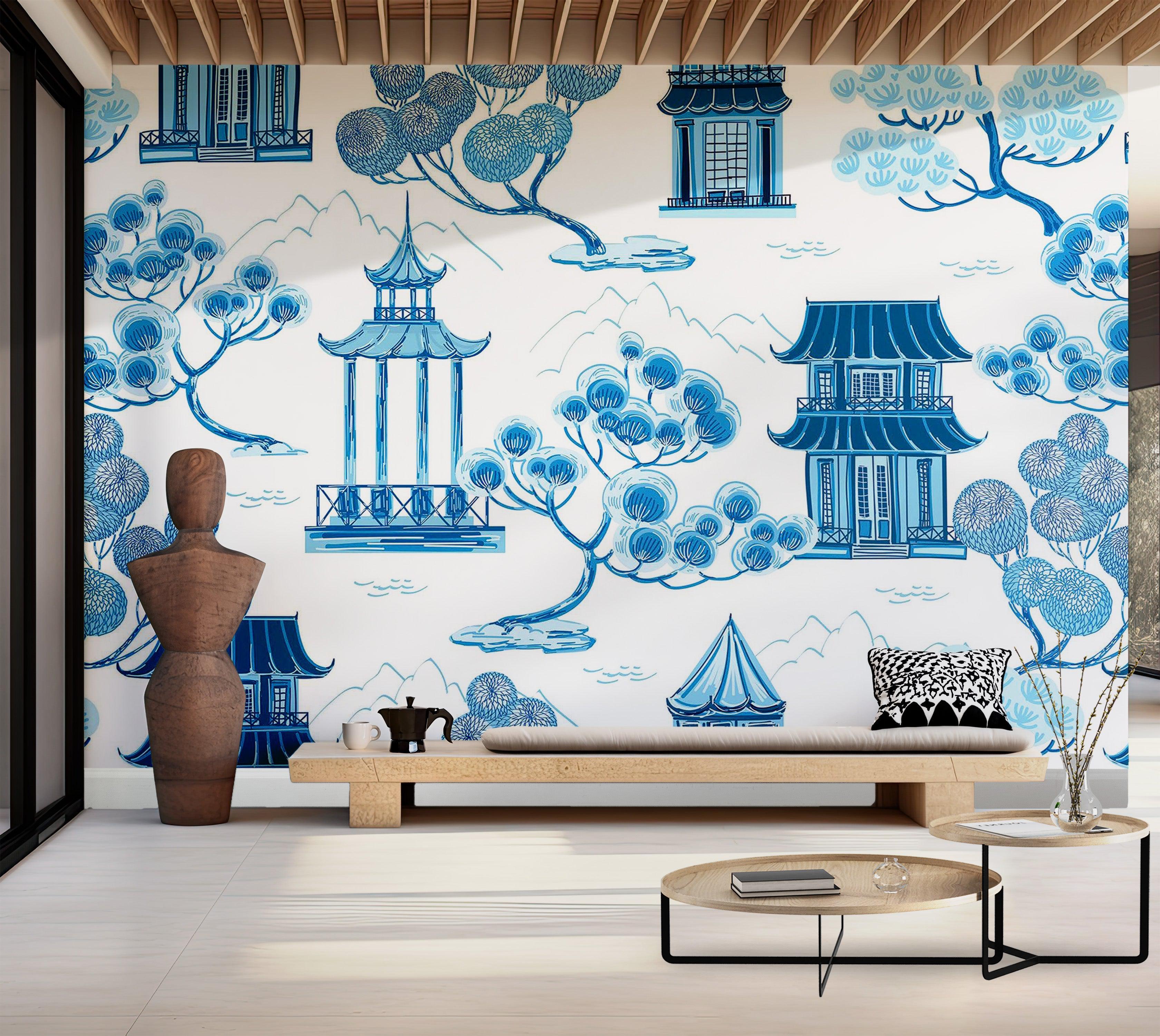 Premium Wallpaper Wall Mural - Blue Asian Landscape 60"Wx40"H / Non-Woven Fleece