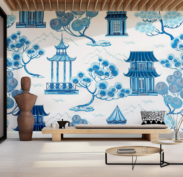 Premium Wallpaper Wall Mural - Blue Asian Landscape 60"Wx40"H / Non-Woven Fleece