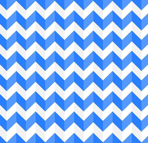 Interior wall with a blue and white chevron pattern mural