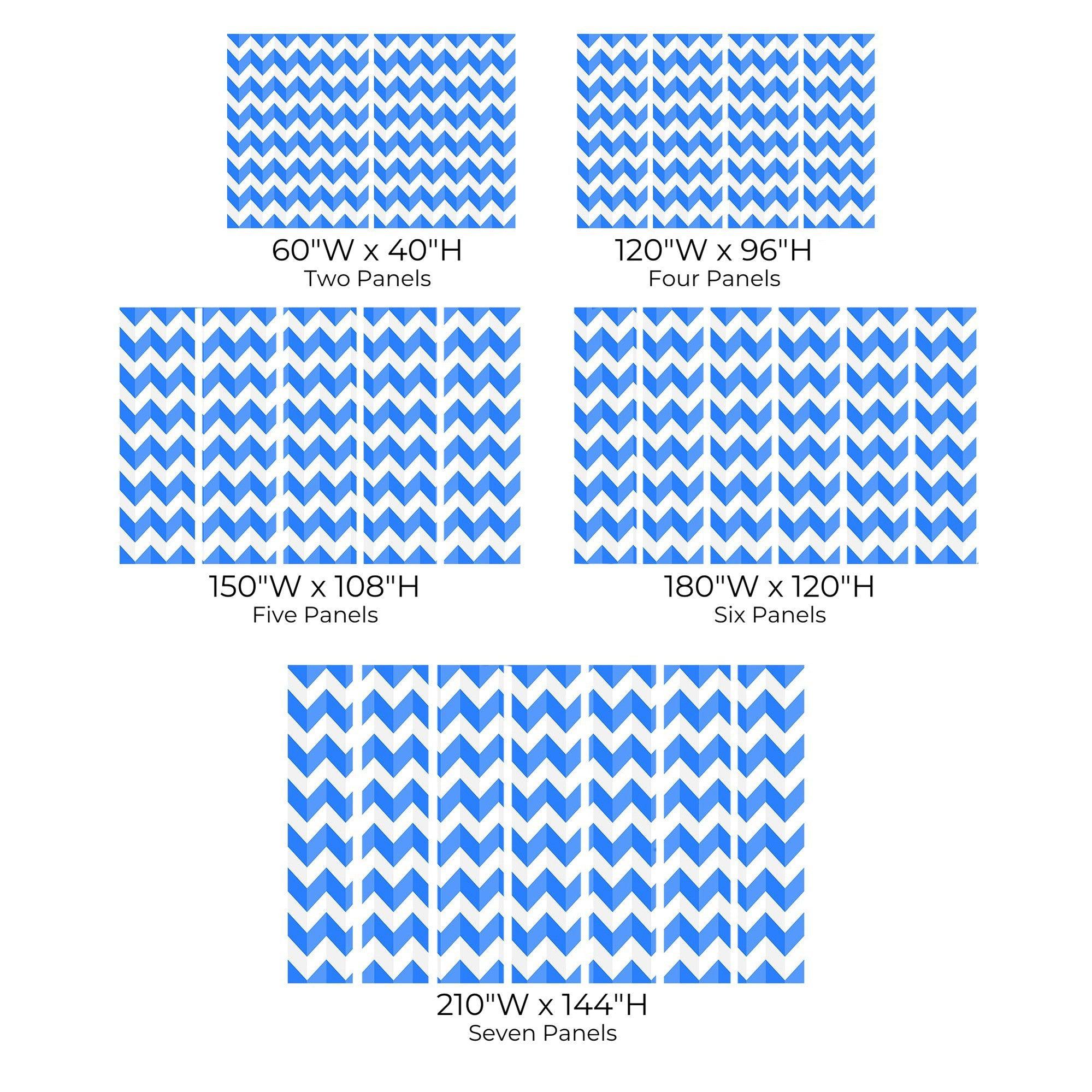 Various sizes of blue chevron wall mural displayed in two, four, five, six, and seven panels.