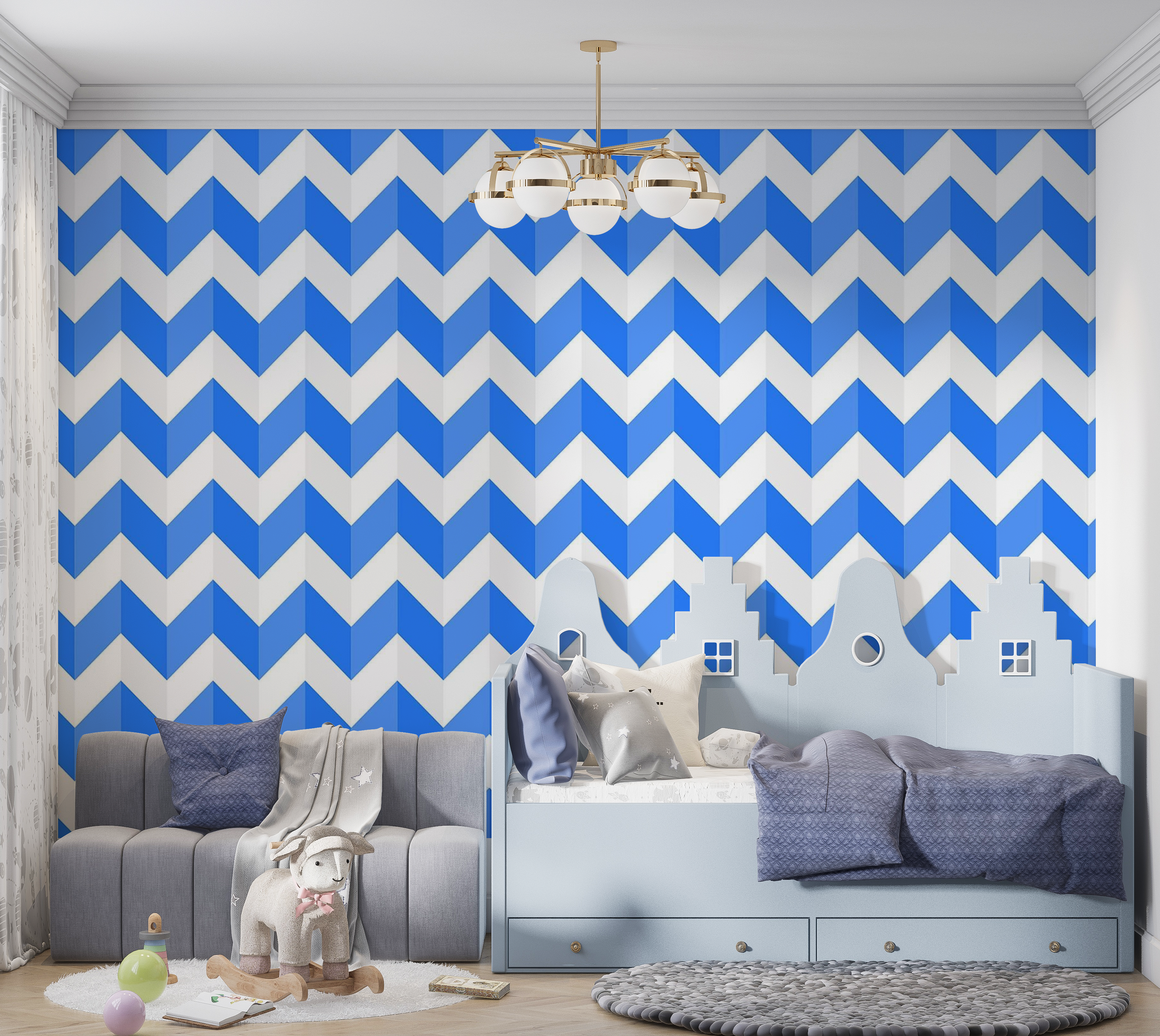 Premium Wallpaper Wall Mural - Blue Chevron Pattern 60"Wx40"H / Non-Woven Fleece