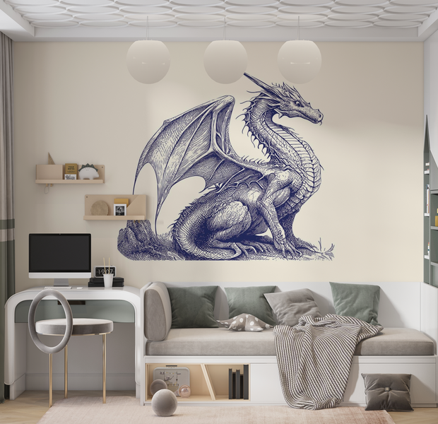 Premium Wallpaper Wall Mural - Blue Dragon Illustration 60"Wx40"H / Non-Woven Fleece