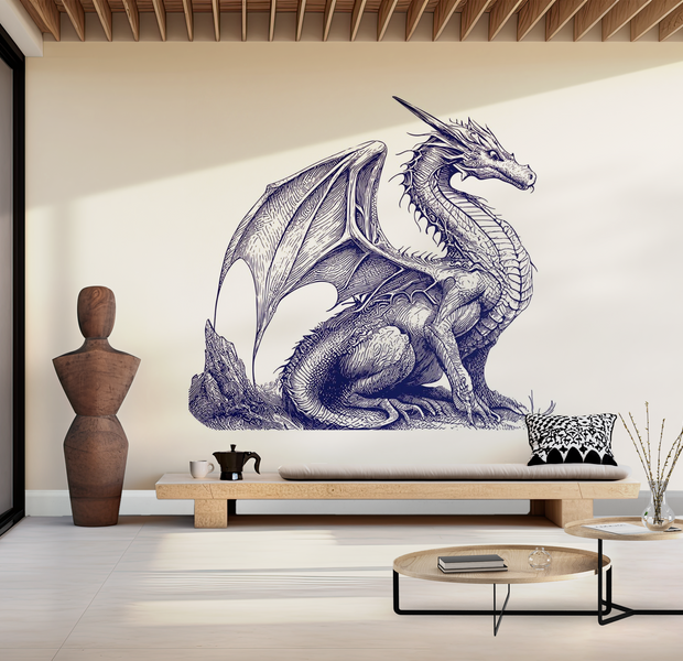 Premium Wallpaper Wall Mural - Blue Dragon Illustration 60"Wx40"H / Non-Woven Fleece
