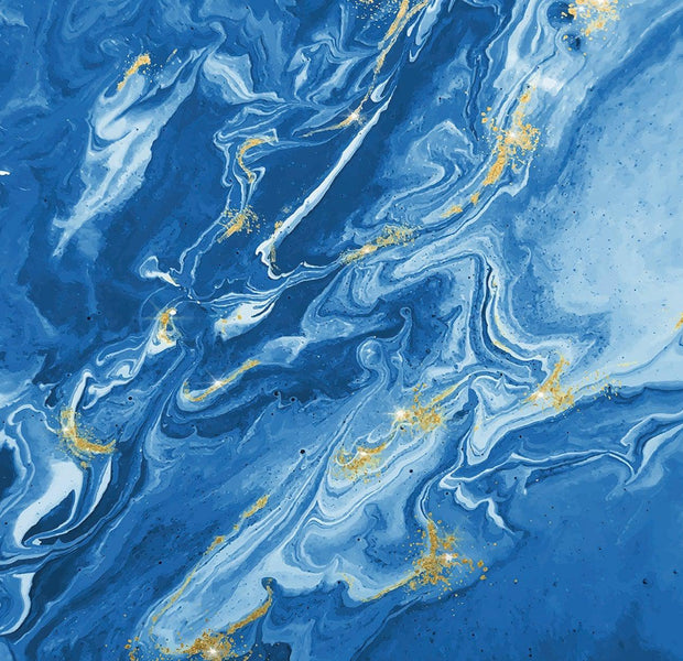 Abstract blue and gold marble pattern wall mural in an interior setting