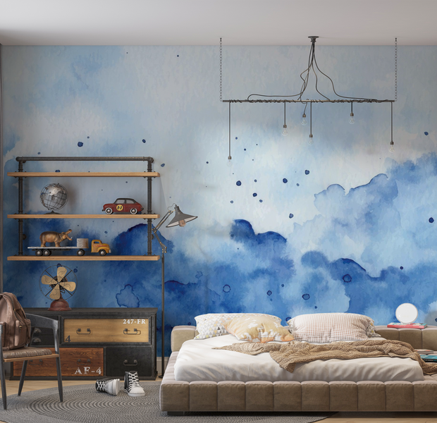 Premium Wallpaper Wall Mural - Blue Watercolor Splash 60"Wx40"H / Non-Woven Fleece