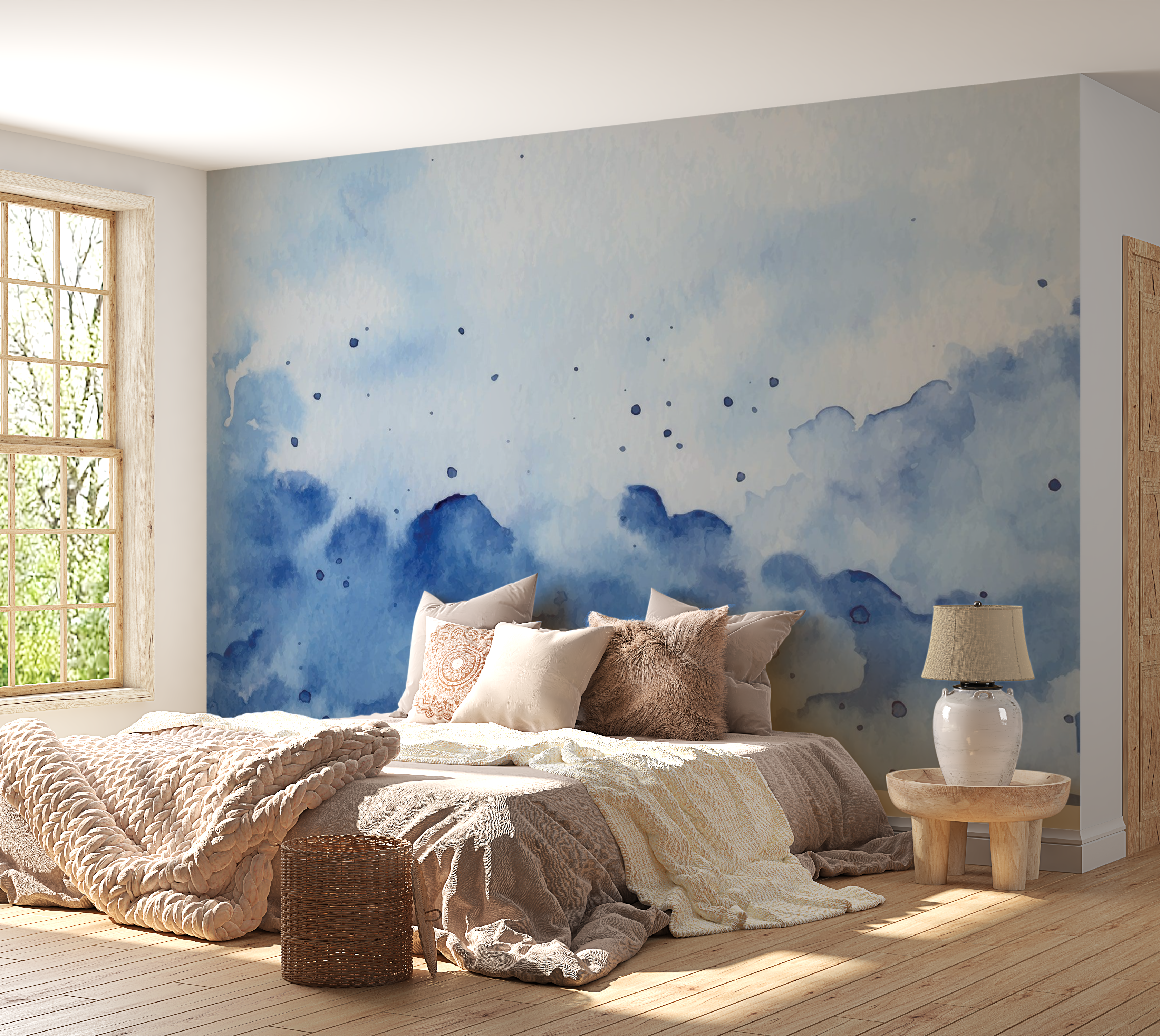 Premium Wallpaper Wall Mural - Blue Watercolor Splash 60"Wx40"H / Non-Woven Fleece