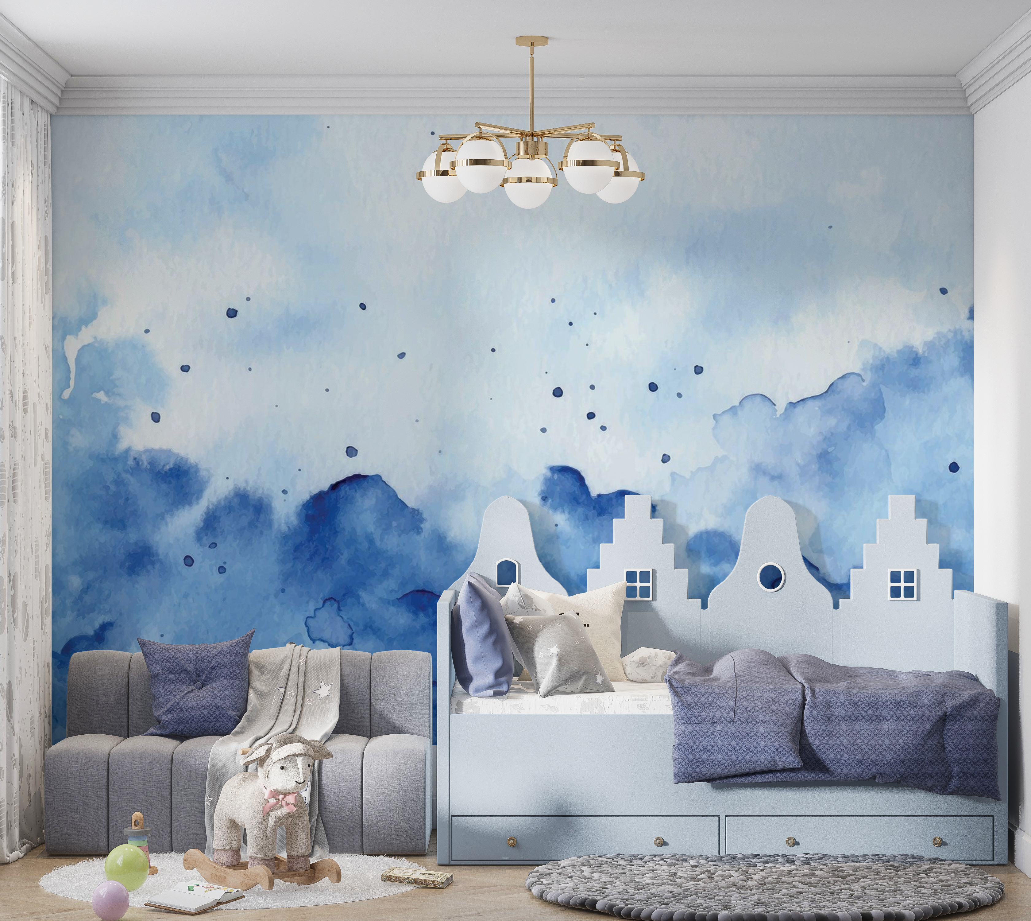 Premium Wallpaper Wall Mural - Blue Watercolor Splash 60"Wx40"H / Non-Woven Fleece