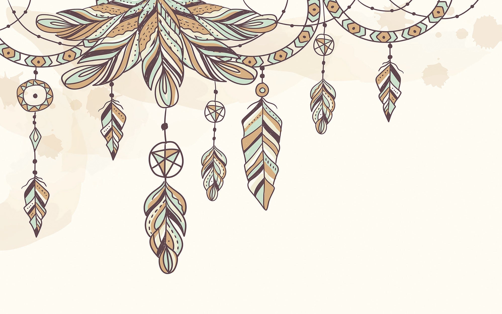 An artistic bohemian-style wall mural featuring an elaborate dreamcatcher with feathers and beads