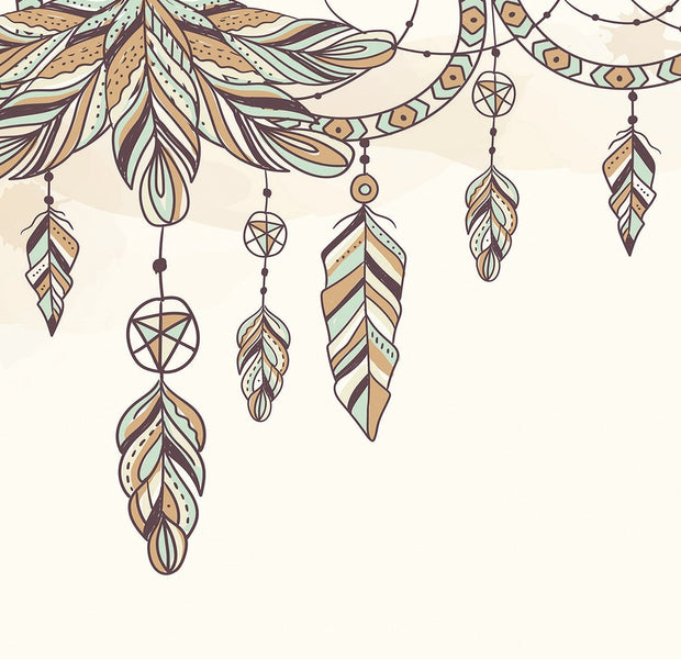 An artistic bohemian-style wall mural featuring an elaborate dreamcatcher with feathers and beads