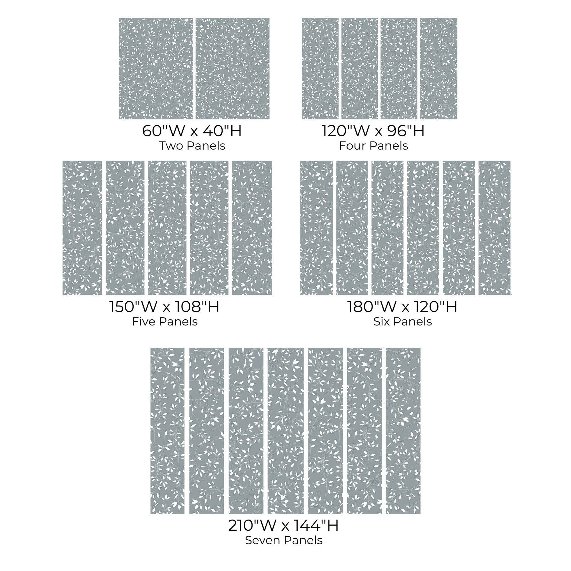 Chart showing various sizes of a wall mural with floral patterns, ranging from two to seven panels.