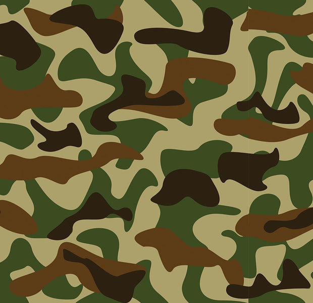 A wall with a camouflage pattern mural in shades of green and brown