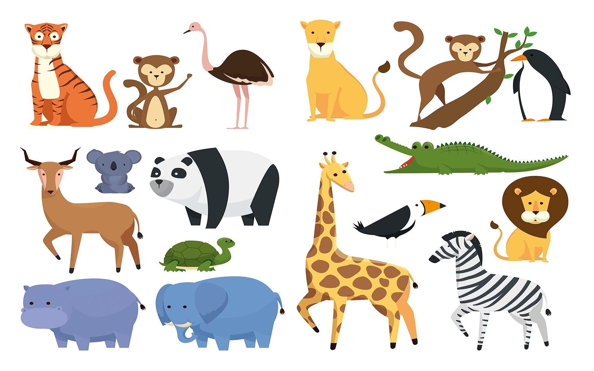 A collection of colorful cartoon animal murals including a tiger, monkey, ostrich, lion, penguin, and various other animals on a white background.