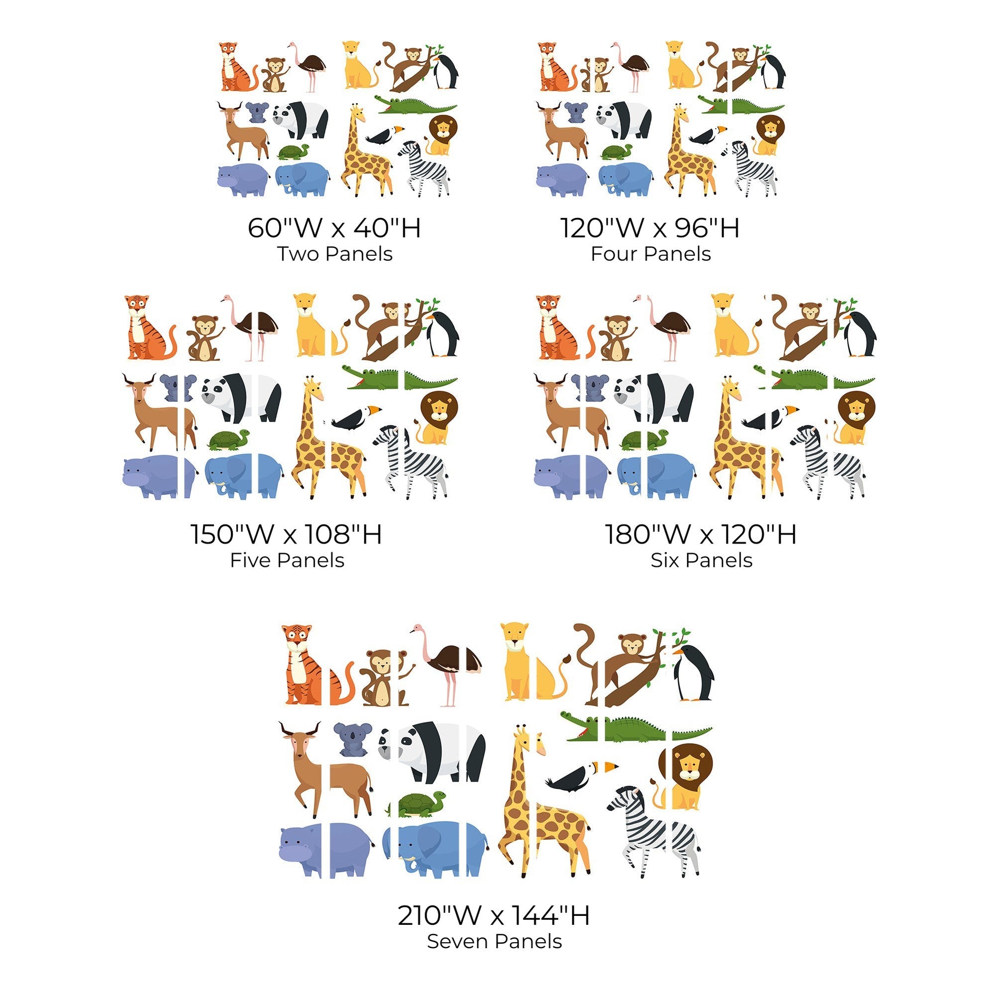 Various sizes of animal-themed wall mural stickers displayed on a white background.