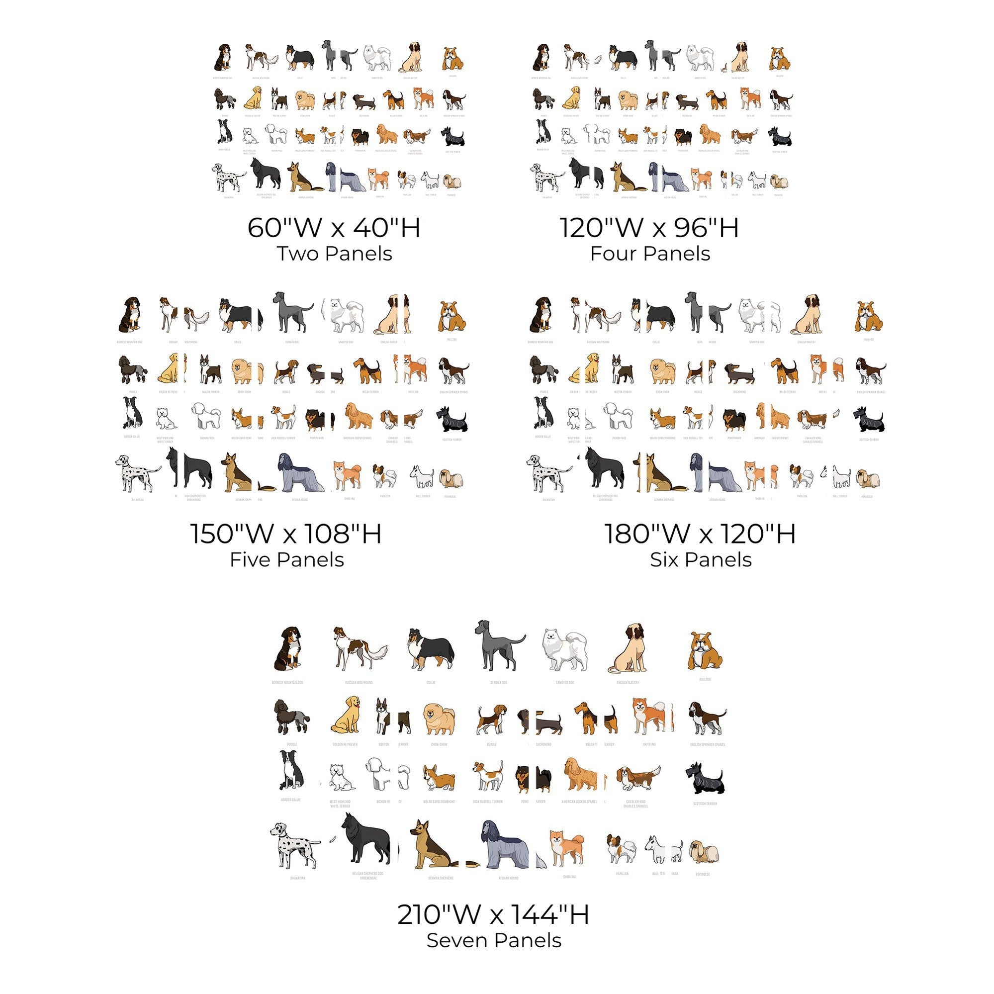 Wall mural interior with various dog breeds organized by size and panel dimensions.