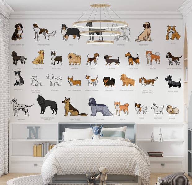Premium Wallpaper Wall Mural - Cartoon Dog Breeds 60"Wx40"H / Non-Woven Fleece