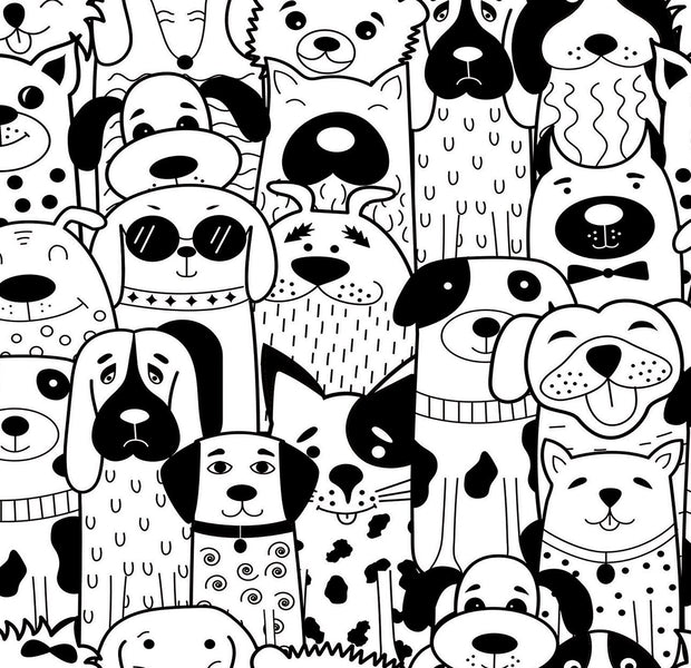 Black and white wall mural featuring a variety of cartoon dog illustrations