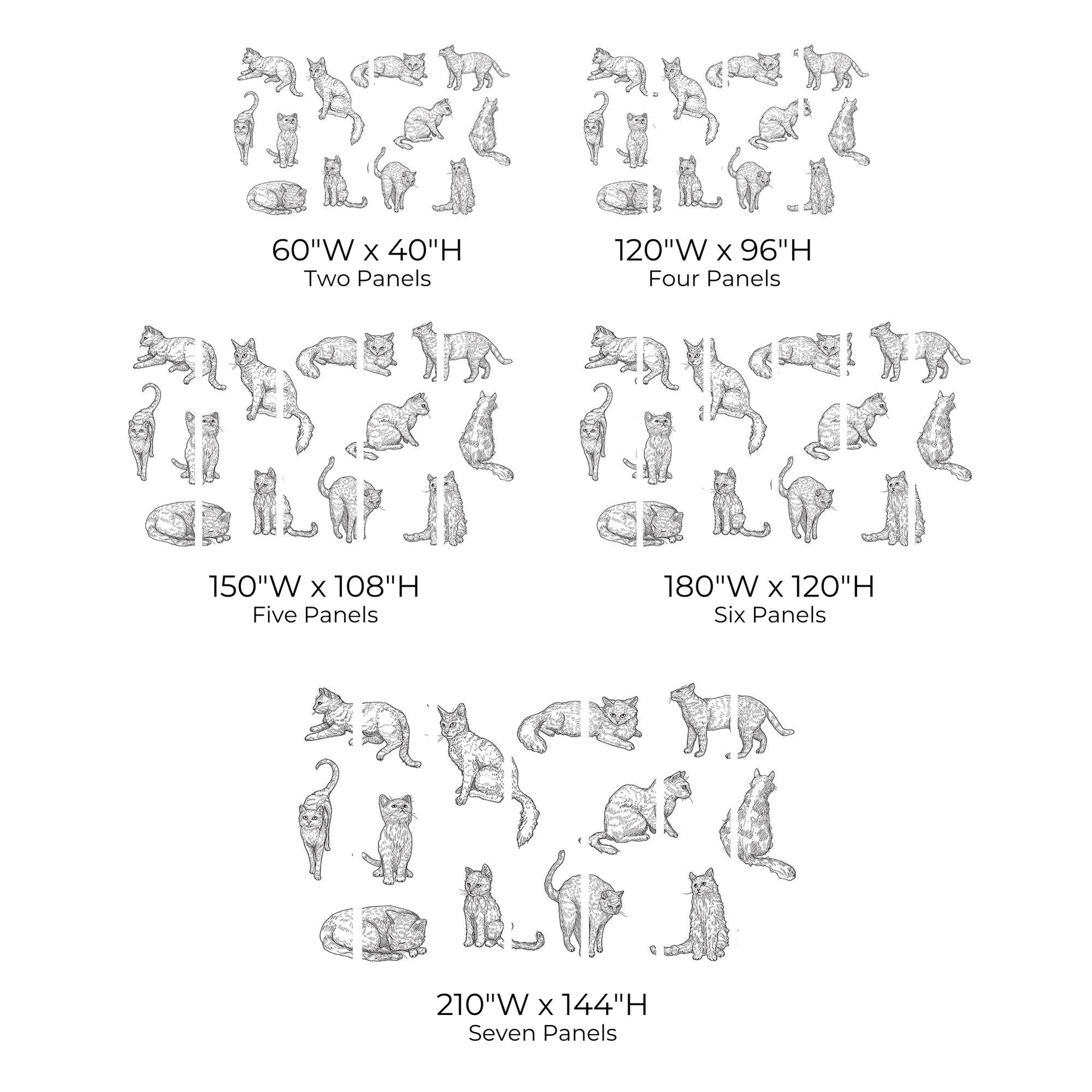 An illustration of various cat silhouettes arranged into different groups, each labeled with different dimensions for wall murals in two, four, five, six, and seven panels.