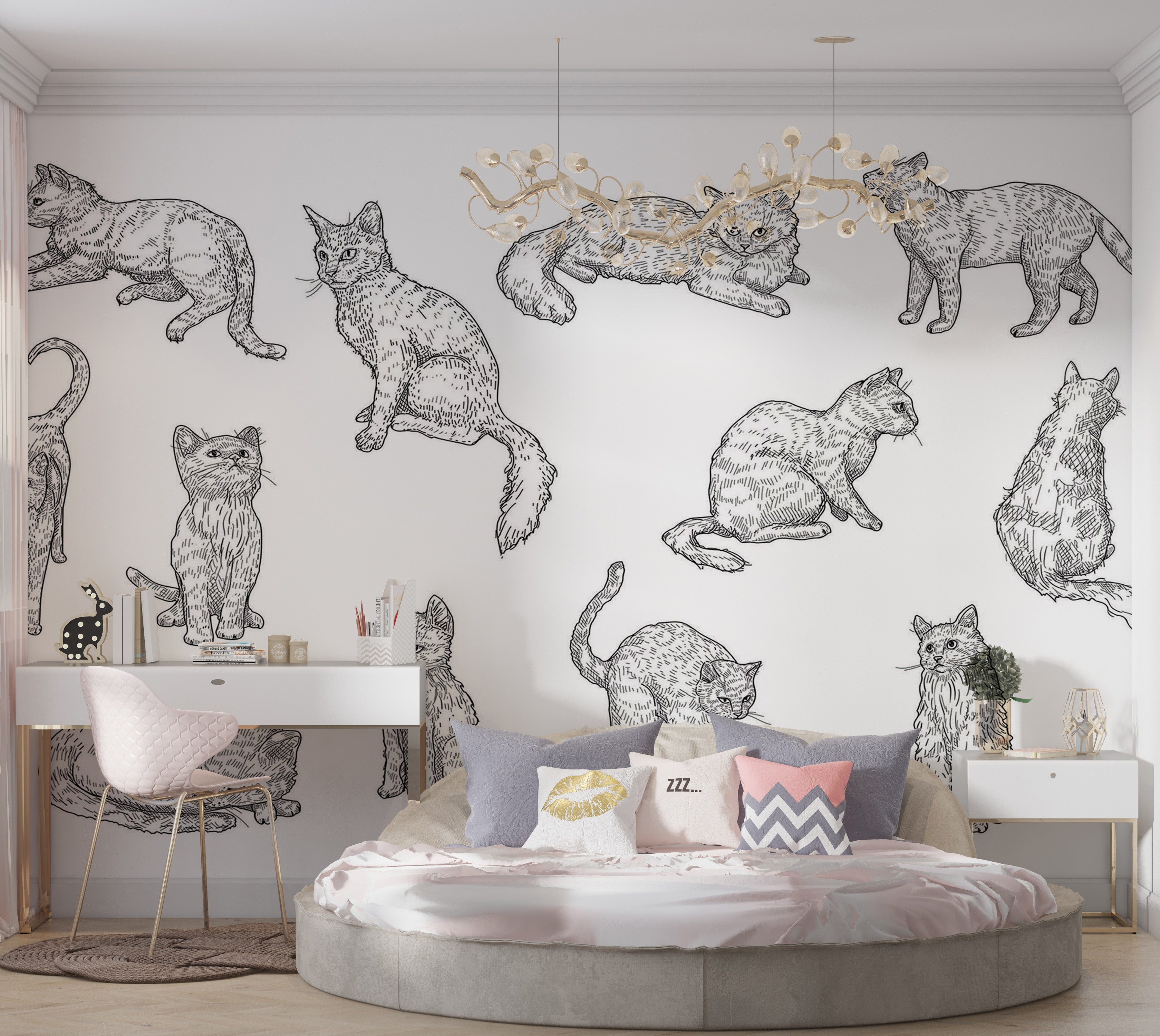 Premium Wallpaper Wall Mural - Cat Sketches 60"Wx40"H / Non-Woven Fleece