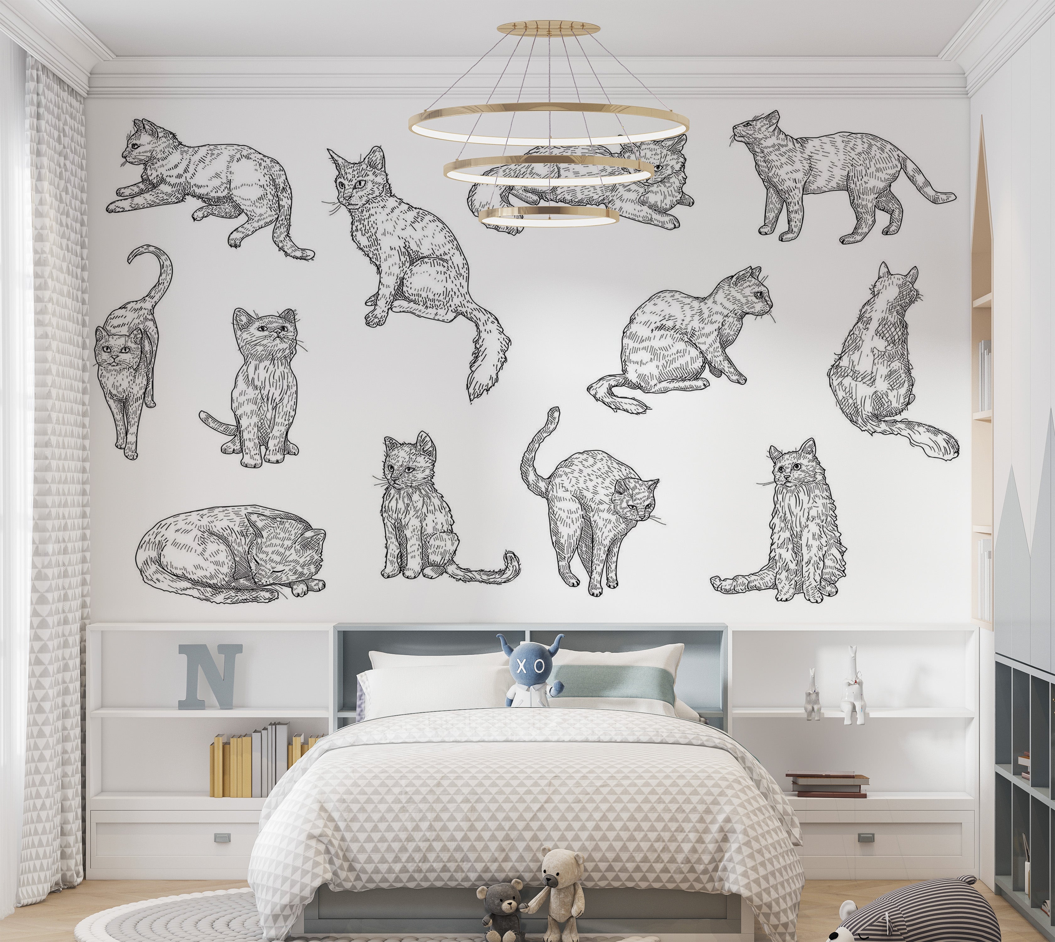 Premium Wallpaper Wall Mural - Cat Sketches 60"Wx40"H / Non-Woven Fleece