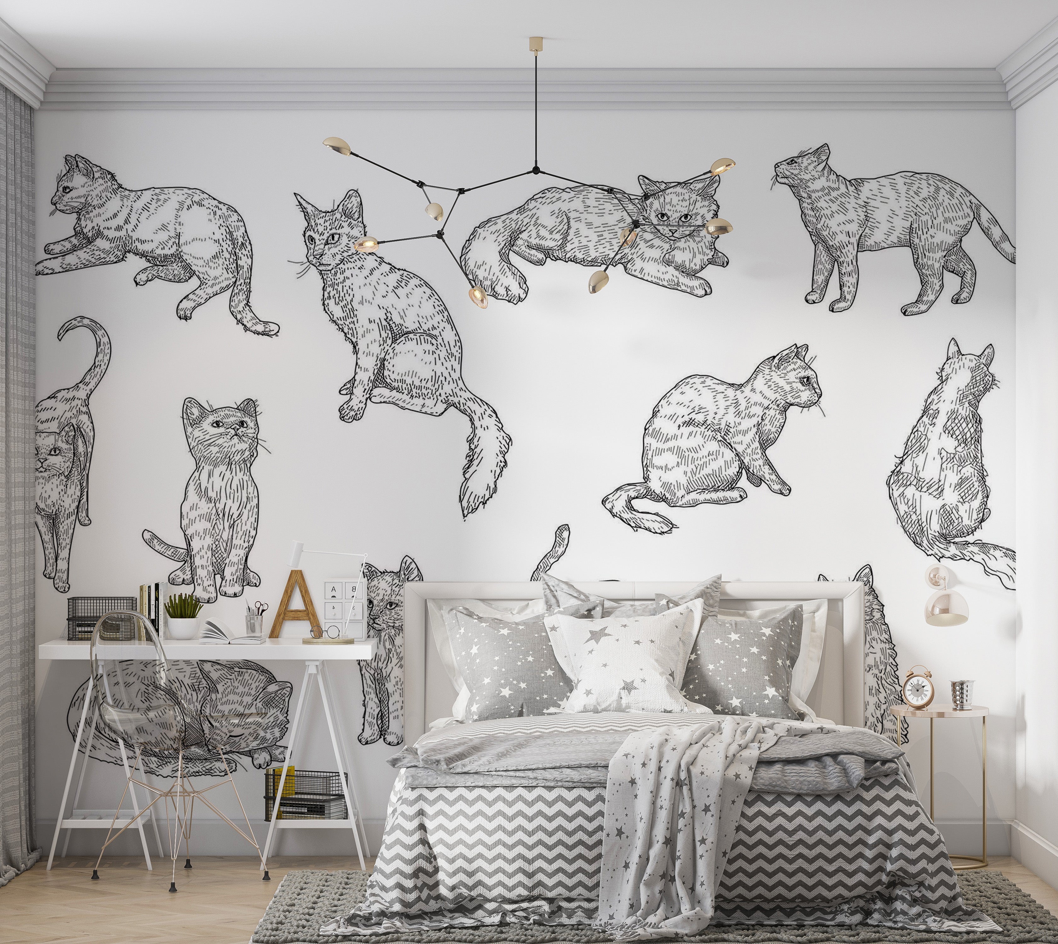 Premium Wallpaper Wall Mural - Cat Sketches 60"Wx40"H / Non-Woven Fleece