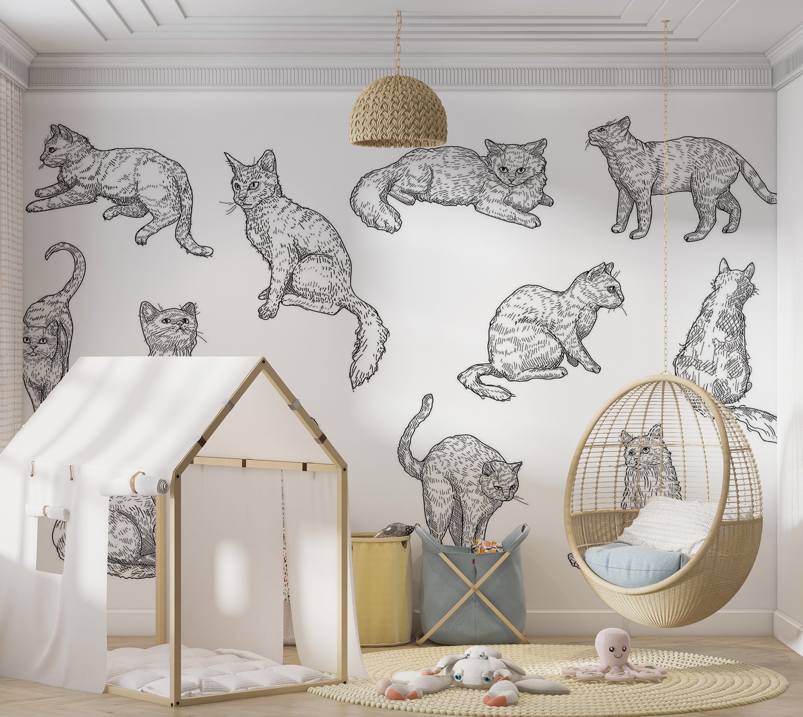 Premium Wallpaper Wall Mural - Cat Sketches 60"Wx40"H / Non-Woven Fleece