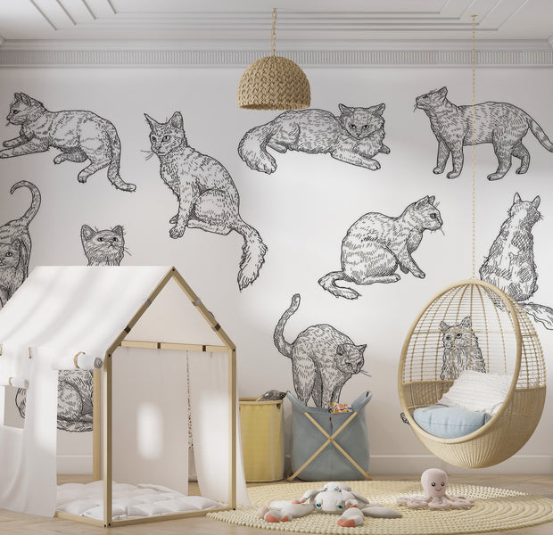 Premium Wallpaper Wall Mural - Cat Sketches 60"Wx40"H / Non-Woven Fleece