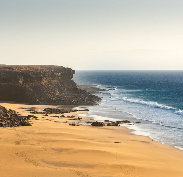 Seaside wall mural depicting a coastal cliff and beach scene in an interior space