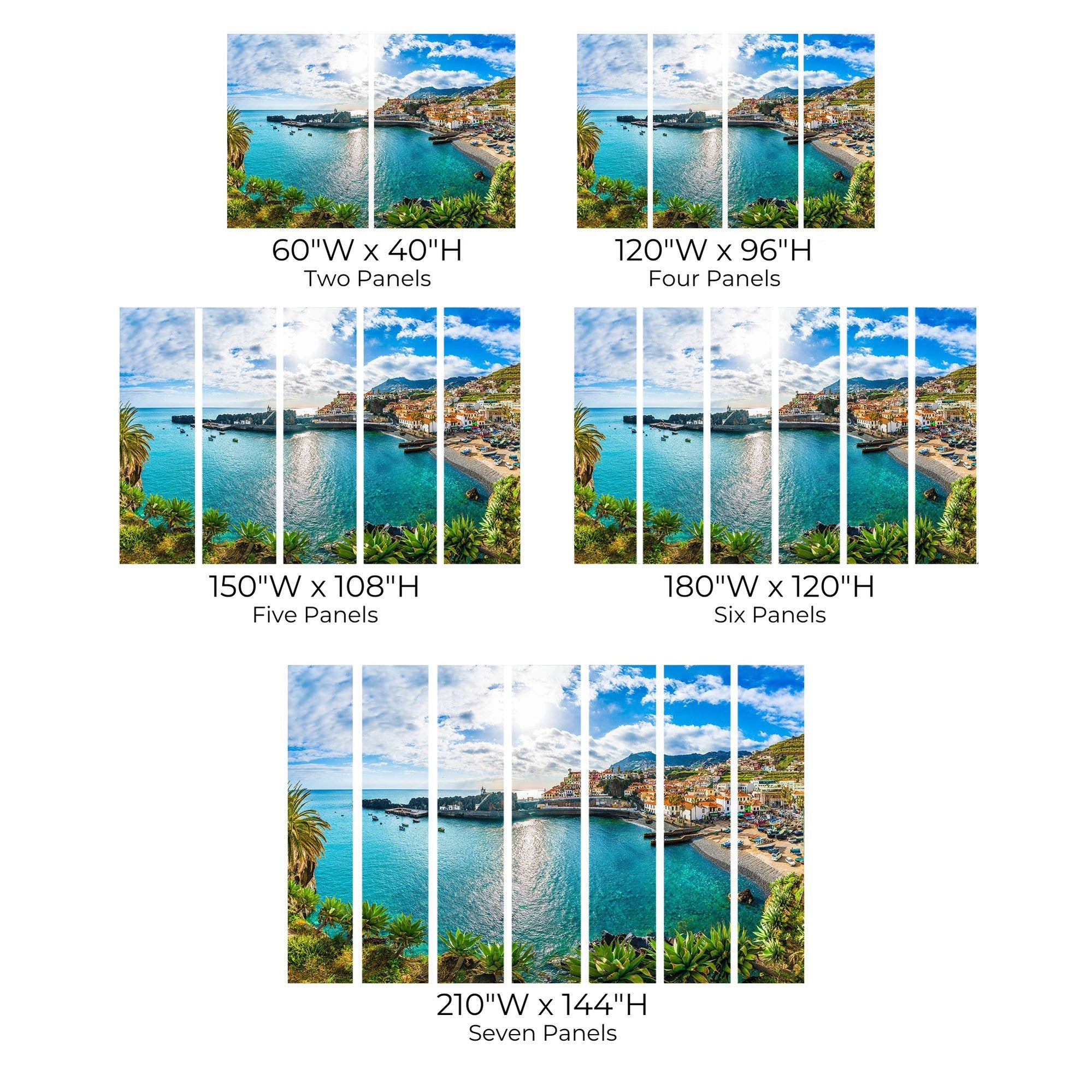 Different sizes of wall mural depicting a coastal town scene with clear skies and water divided into panels.