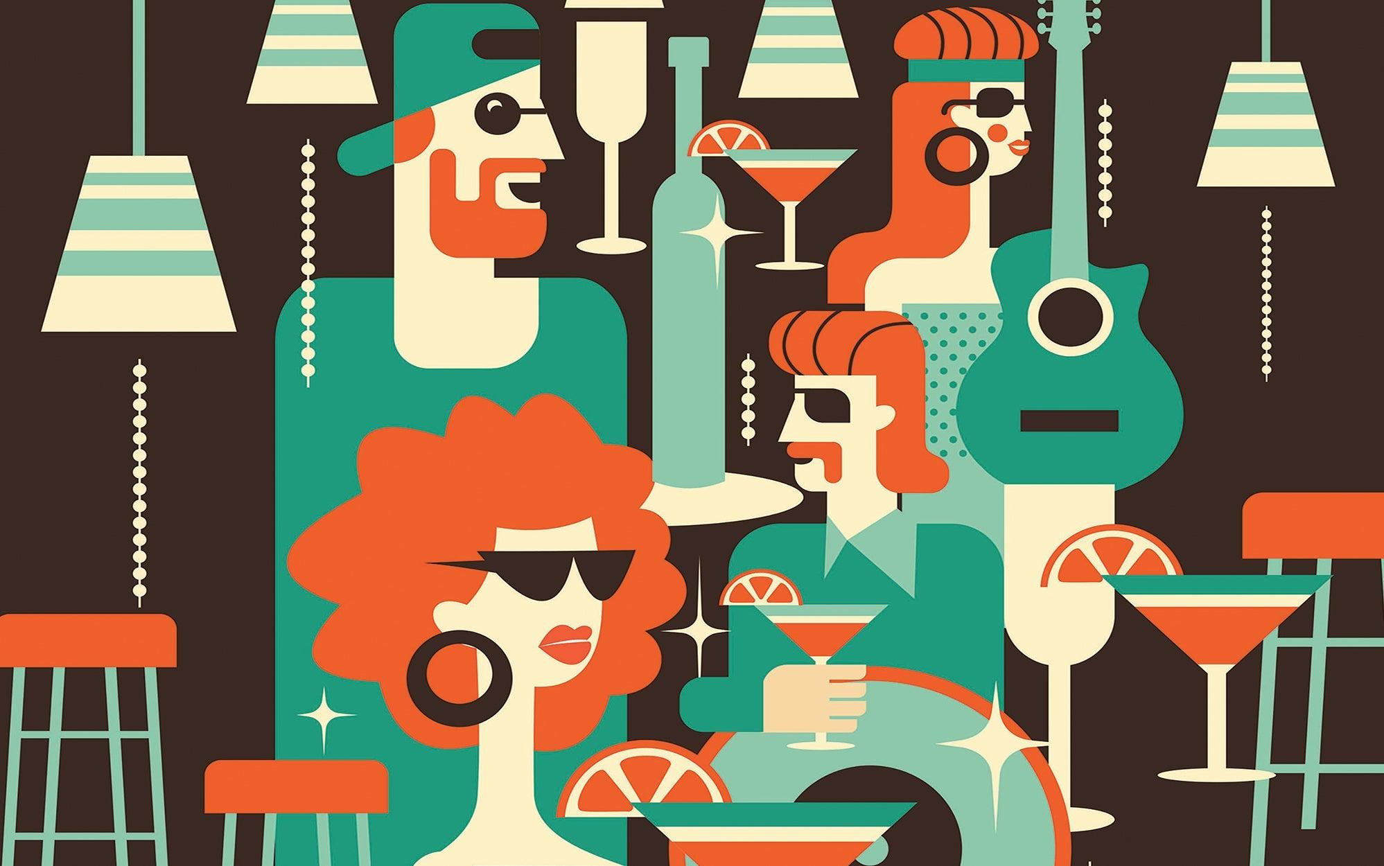 A stylized retro mural depicting people enjoying drinks at a cocktail bar with abstract elements and a vibrant color palette.