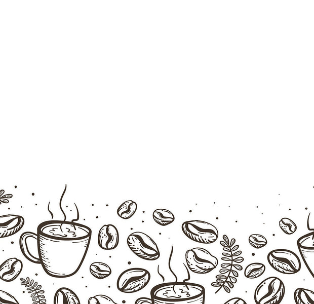 Line art wall mural of coffee cups, beans, and leaves in a decorative pattern.