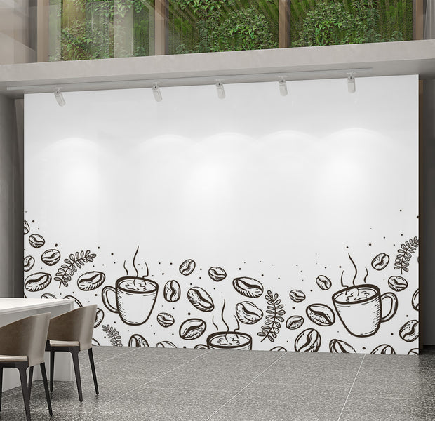 Premium Wallpaper Wall Mural - Coffee Beans and Cups 60"Wx40"H / Non-Woven Fleece