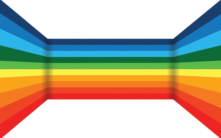 Interior wall with vibrant horizontal rainbow-colored stripes mural