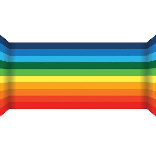 Interior wall with vibrant horizontal rainbow-colored stripes mural