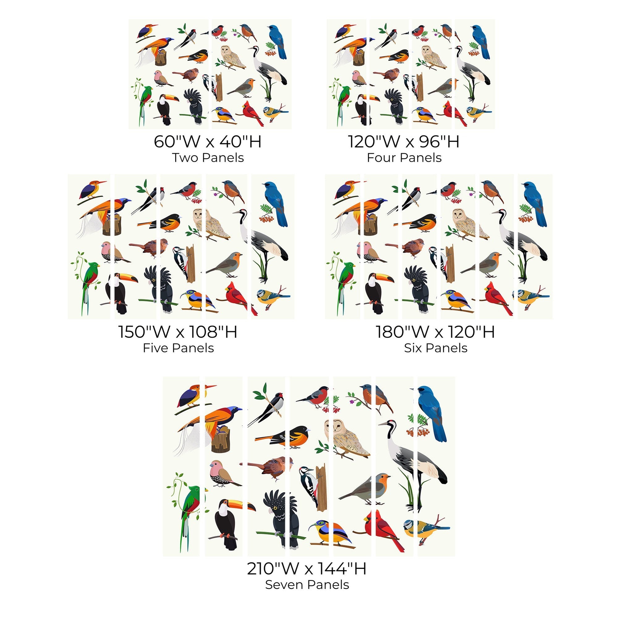 An assortment of wall murals with colorful bird illustrations in various panel configurations.