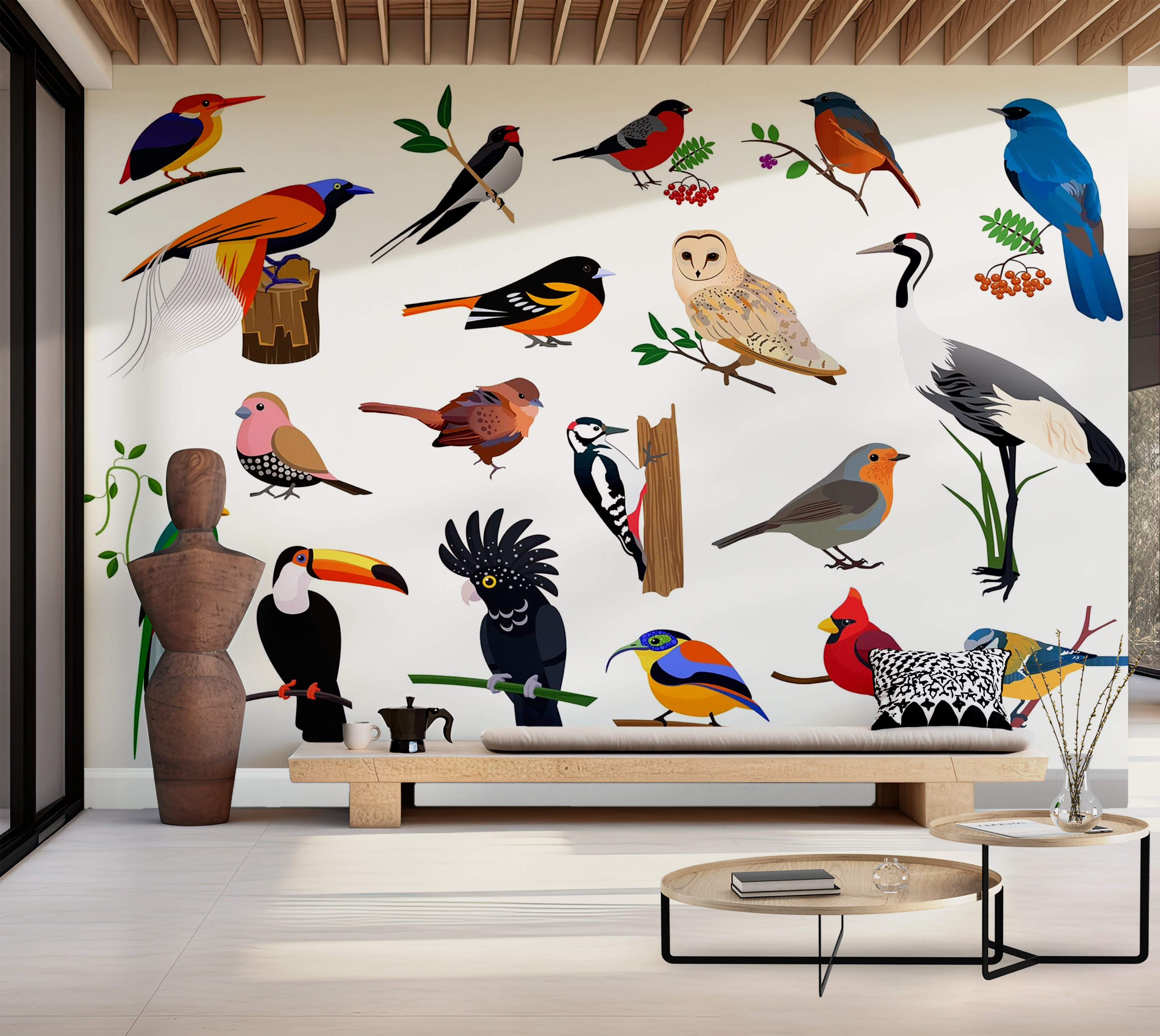 Premium Wallpaper Wall Mural - Colorful Birds Illustration 60"Wx40"H / Non-Woven Fleece