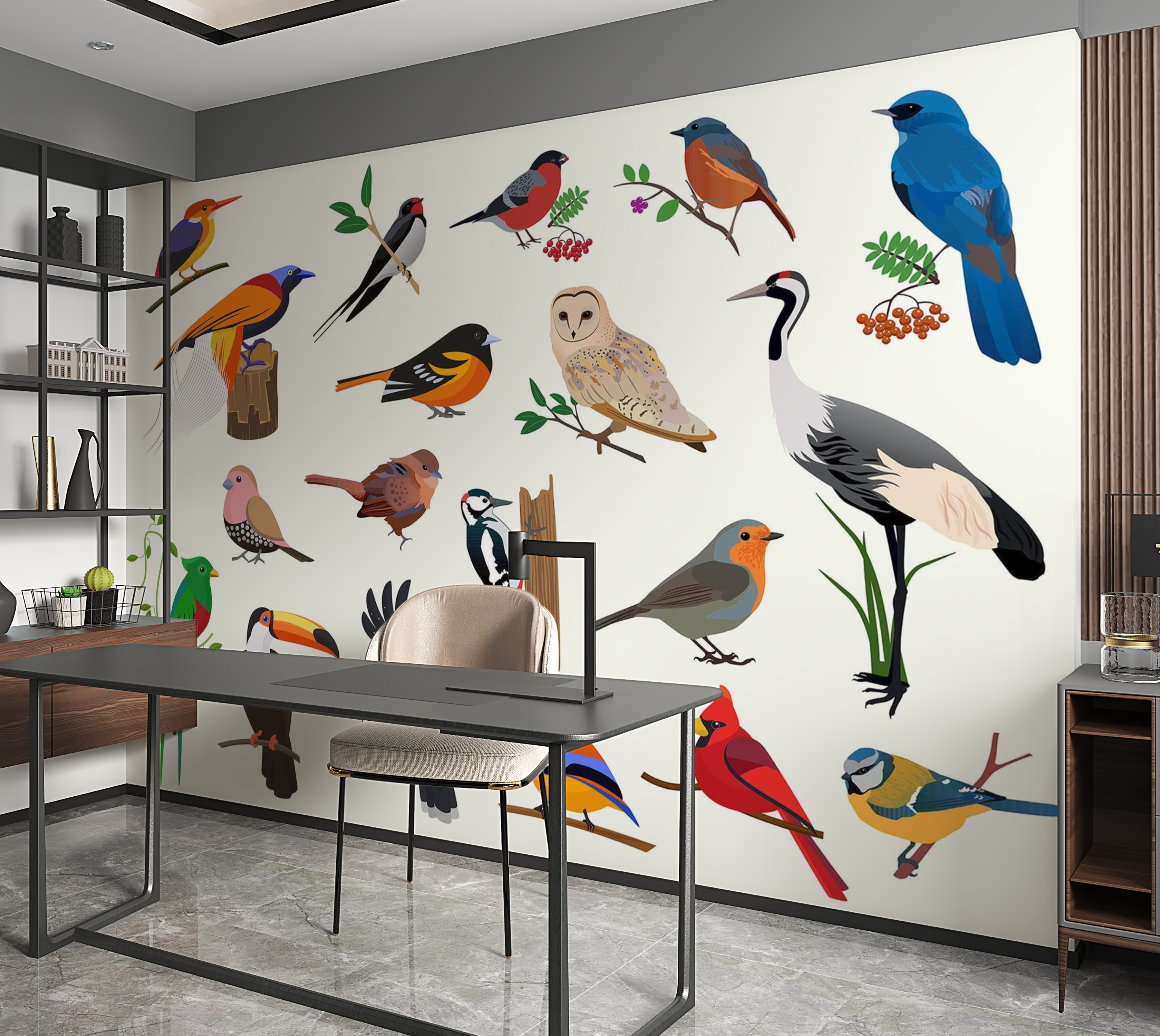 Premium Wallpaper Wall Mural - Colorful Birds Illustration 60"Wx40"H / Non-Woven Fleece